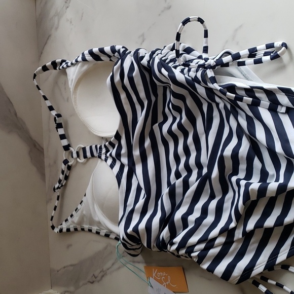 Kona Sol Navy & White Striped 2 Ring Back Side Sinch Swimsuit Size M (8-10) - Picture 10 of 12